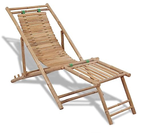GeenYuu Liegestuhl mit Fußteil aus Bambus, 4-Fach verstellbar, klappbar, wetterfest für Garten, Terrasse, Balkon, Pool, Camping, komfortable Rückenlehne und praktische Rollliege