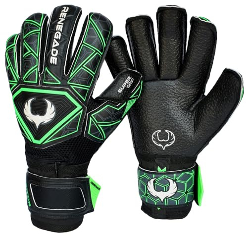 Renegade GK Triton Raider Goalie Gloves with Pro-Tek Fingersaves | 3.5+3mm Super Grip & 4mm Duratek | Black & Green Soccer Goalkeeper Gloves (Size 6, Youth, Kids, Roll Cut, Level 2)