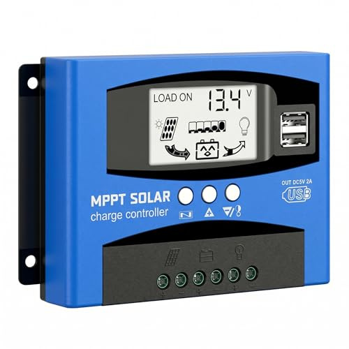 Fuhuihe 12V/24V MTTP Solarladeregler Solarpanel Batterieladegerät Intelligenter Regler mit Dual USB Port LCD Display Überstromschutz für Haus, Industrie, Gewerbe (blau, 100A)