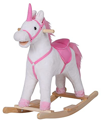 HOMCOM Cavallo a Dondolo in Legno Unicorno Giocattolo Cavalcabile Bambini Peluche 78 × 28 × 68cm Rosa
