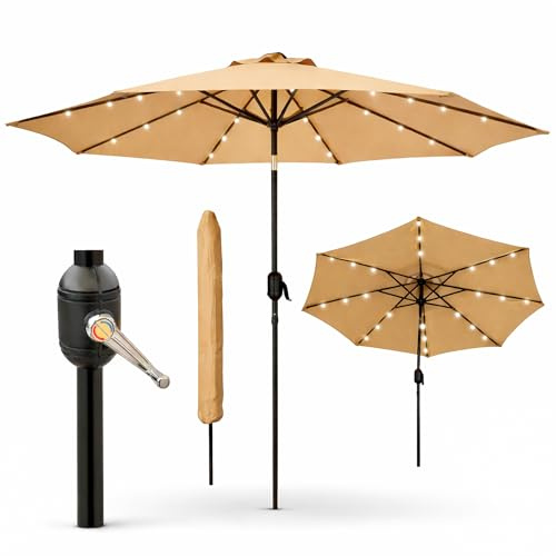 GlamHaus Garden Parasol Solar LED 2.7M,Tilting Table Umbrella with Crank Handle, Protection UV40, Includes Parasol Cover, Gardens and Patios - (Khaki Sand)