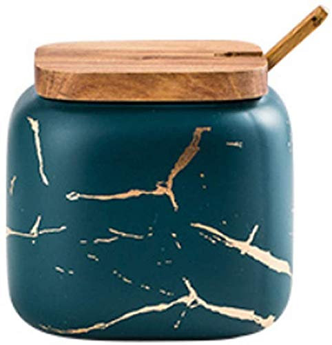 YDGHD - Zuccheriera in ceramica retrò con coperchio in legno e cucchiaio, 340 g, per zucchero, sale, spezie e molto altro, 9,5 x 10,8 cm, colore: verde