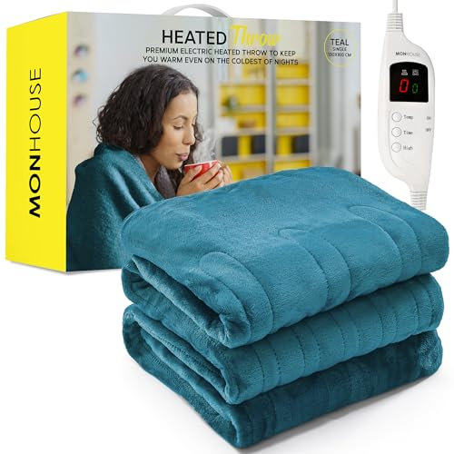 MONHOUSE Heated Throw - Electric Blanket - Digital Controller - Timer up to 9 hours, 9 Heat Settings, Auto Shutoff - Machine Washable - Single 130X160cm - TEAL