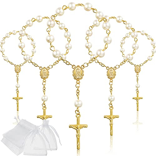Junkin 30 Stück Taufrosenkranz Rosenkranz aus Acryl Elfenbeinfarbene Mini Fingertauf Rosenkränze Kunstperlen mit Organzasäckchen für Taufe Hochzeiten Gastgeschenke (Gold)
