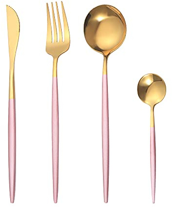 OUQIWEN Juego de 8 cubiertos de acero inoxidable rosa y dorado, incluye cuchillo, tenedor, cuchara, té, para 2 personas