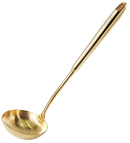 Newness Edelstahl Suppenkelle [Rostdicht,Hitzebeständig],35 cm Große Schöpfkelle aus 304 Rostfreiem Stahl mit Ergonomischem Vakuumgriff, Soße und Eintopf - Küchenutensil in Gold