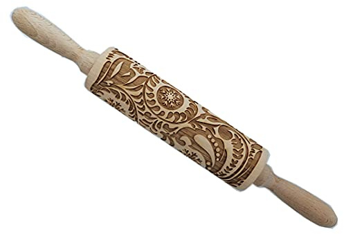 Millie, mattarello in legno 3D inciso con motivo cachemire in rilievo, motivo natalizio con fiocco di neve, 3D, per realizzare biscotti, croste, torte, pasticcini