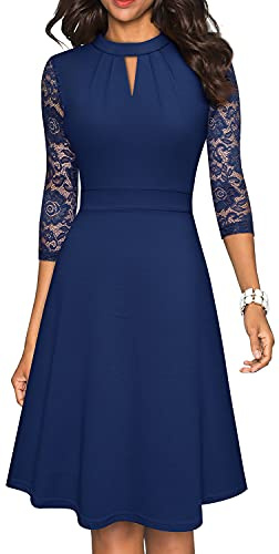 HOMEYEE Vestido de cóctel Plisado con Manga de Encaje Ahuecado para Mujer A234 (XXL, Azul Marino)
