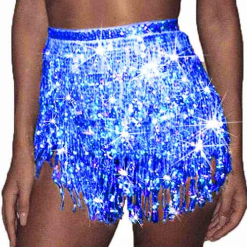Ushiny Shiny Fringe Mini Skirt Sparkly Tassel Festvial Costume Glitter Rave Shorts for Women Blue