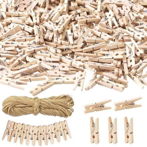 UPlama 400 Pcs 1 Inch Mini Clothespins for Photos, Natural Wooden Small Clothes Pins with 66 FT Jute Twine, Tiny Decorative Clips for Crafts, Baby Shower, Weddings, Cocktails & Home Decor