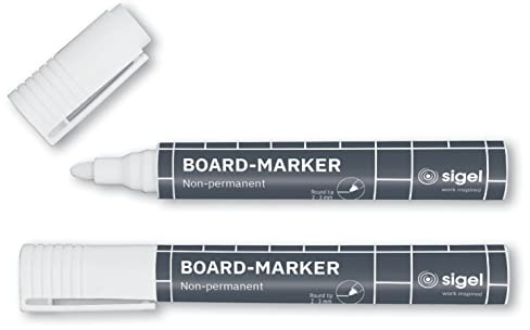 SIGEL Ba715 Lot de 2 Marqueurs pour Tableaux en Verre Foncé ou Miroir, Effaçables. Pointes Ogives Ø 2-3 Mm, Blanc
