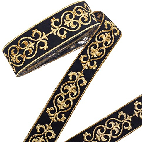 PH PandaHall 4 Yards Schwarzes Jacquardband, 4.6 cm Breiter Heißklebender Blumenmuster-Besatz, Bestickter Spitzenbesatz, Gewebtes Band, Stoff, Fransen für faschingskostüme karneval kostüm damen männer