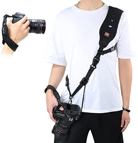 Airminti Set aus Kamera Schultergurt und Kamera Handschlaufe, Sekundärschutz, verstellbar, Schnellverschluss, Neopren, Schwarz, Kameragurt für Kamera, Camcorder mit 1/4 Zoll Stativgewinde