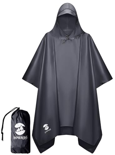 SaphiRose Hooded Rain Poncho Waterproof Raincoat Jacket for Men Women Adults (Grey)