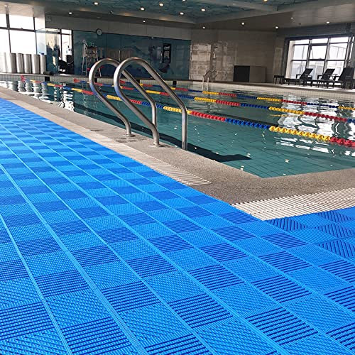 WLWLEO Schwimmbad Entwässerungs Bodenbelag Fliesen Matten, 12 Pack 11,8 '' x 11,8 '' rutschfeste wasserdichte PVC Gummimatte, Modulares ineinandergreifendes Fliesenkissen für Bad Pool Boden,Blau