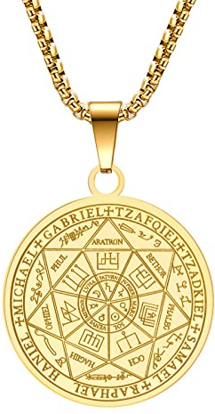 Yaumatea 18K Gold Plated Seven Archangels Necklace, Spiritual Protection Amulet for Men Women, Stainless Steel Seal of the Seven Archangels Coin Pendant, Catholic Saint Michael Jewelry