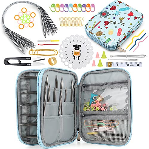 Coopay Rundstricknadeln 40 cm Edelstahl Rundstricknadel Set mit Tasche & Strickzubehör, 2,5-10 mm Metall Stricknadeln Rundstricknadel für Socken, Tragbarer Rundstricknadeln Set Geschenk, Himmelblau