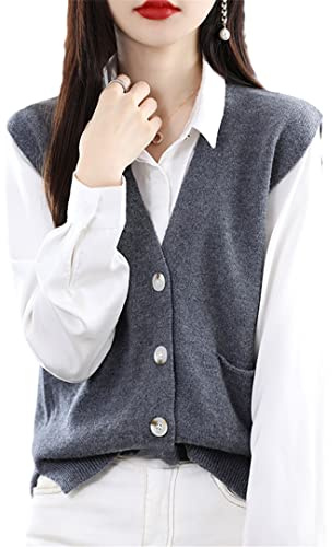 Chaleco de cárdigan de lana 100% sólida para mujer, chaleco suelto coreano sin mangas, suéteres de cachemira, tops salvajes, gris, L