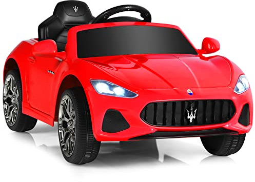 GYMAX Kids Ride on Car, 12V Battery Powered Licensed Maserati Toy Car with Remote Control, Music, Horn, Radio, Lights, USB, Slow Start & Safety Belt, Children Electric Vehicle for 3 Years Old (Red)