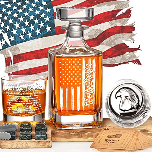 PONPUR 250th Anniversray Whiskey Decanter Engraved We The People American Flag, 750ml Whiskey Decanter Set with 2 Glasses, Boss Day Patriotic Birthday Gifts For Men Dad, Liquor Scotch Bourbon Presents