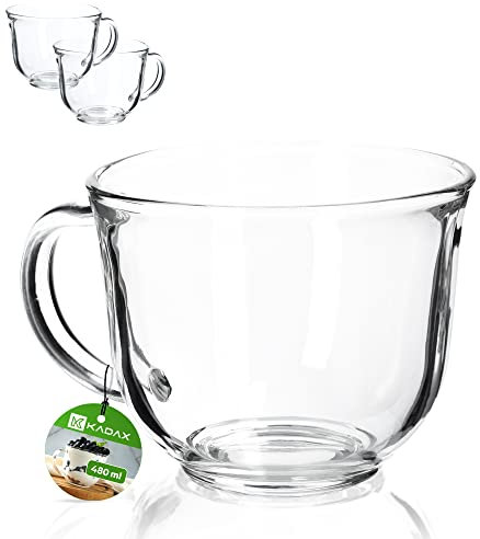 KADAX Bicchieri da tè con manico, 480 ml, in vetro, lavabili in lavastoviglie, per bevande calde e fredde, tazze da caffè, bicchieri da succo, bicchieri in vetro (480 ml/2 pezzi)