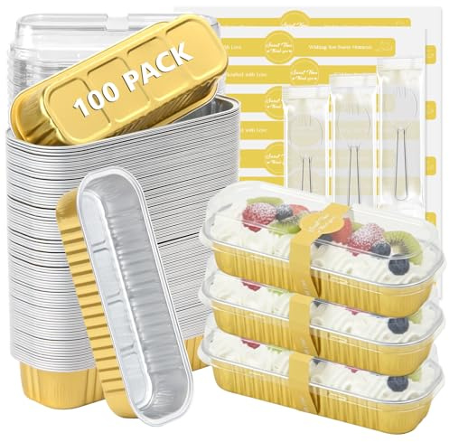 Ruckae 100 Pack Mini Loaf Pans with Lids and Spoons Disposable Aluminum Tin Foil Pans Rectangle Mini Loaf Cake Pan for Baking,Party,Picnics,Gifts (Gold)