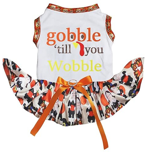 Petitebelle Turkey Gobble Till You Wobble Puppy Dog Dress (White/Thanksgiving, XX-Large)