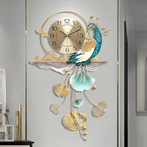 3D Pfau Wanddeko Metall,Moderne Wanduhren,Moderne Wandskulpturen Metall Mit Ginkgo Blätter Schwanz,Kunst Hängen Dekoration Ornament Für Wohnzimmer Schlafzimmer Gang Hintergrund Wandverzierung,82*50cm