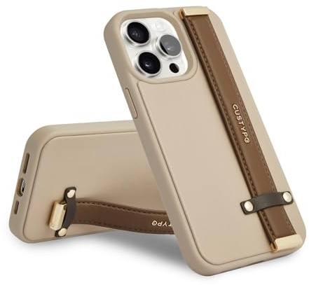 CUSTYPE Compatible with iPhone 14 Pro Case with Adjustable Wristband Strap Kickstand,Finger Grip Loop Leather Case,Shockproof Protection Holder Cover for iPhone 14 Pro 6.1 inch-Brown | PU Leather, Finger Strap Grip Handle Loop,Shockproof TPU Shell,Cute Slim Protective Cover for Women Girls-Brown