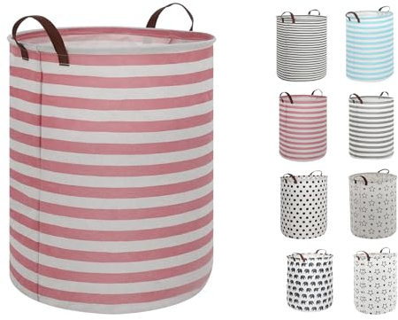 Highdi Paniers à Linge Sale avec Cuir Poignées, Minimaliste Paniers à Rangement Pliable avec Grande Capacité Corbeille à Linge pour Organiser Chambre d'enfants, Jouets (40x50cm,Rayures Roses)
