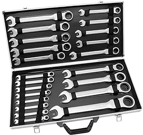 Xigner 22 tlg Gelenk Ratschenschlüssel Set 6-32mm Ring Maul Schlüssel Satz 6-32mm Werkzeug Gabelschlüssel Ringmaulschlüssel Ring Ratschenschlüssel Satz 180° Drehbarer Ratschenringkopf