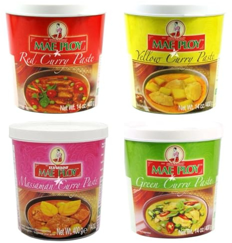 Mae Ploy Authentic Thai Assorted Curry Paste 400g - Massaman, Red, Green & Yellow Curry Sauce (Pack of 4) HALAL