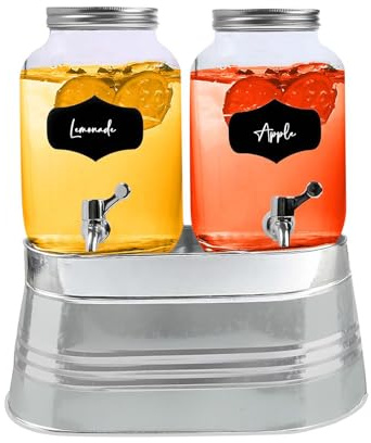 2 x 4L litres Glass Drink Dispenser with Silver Ice Bucket + Tap/Lid – Glass Water Dispenser for Juices, Cocktails, Lemonade & Water (Farmhouse Fresh)