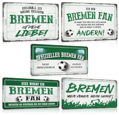 5er Set Fußball Blechschilder - Fussball Metallschild mit Spruch - Sport Schild Deko Zubehör Geschenk Fanartikel für Bremen Fan Liebhaber Begeisterte