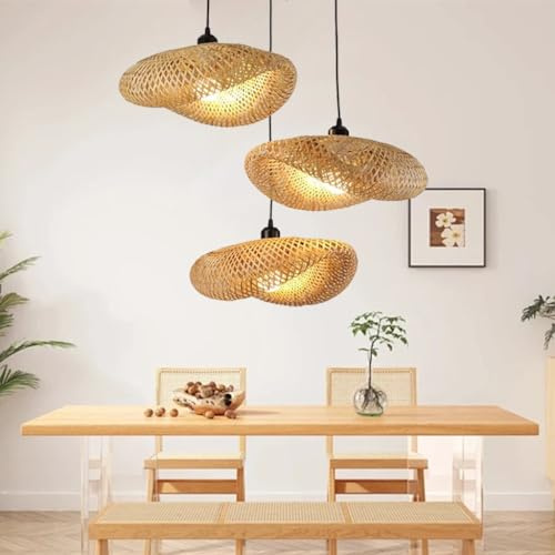 Pendelleuchte 3-Flammig Vintage Esstisch Rattan Bambus Pendellampe Retro Stil Laterne E27 Kronleuchter Antik Lampe Landhaus Hängelampe Wicker Lampenschirm Schlafzimmer Wohnzimmer Cafe Bar Deckenlampe(