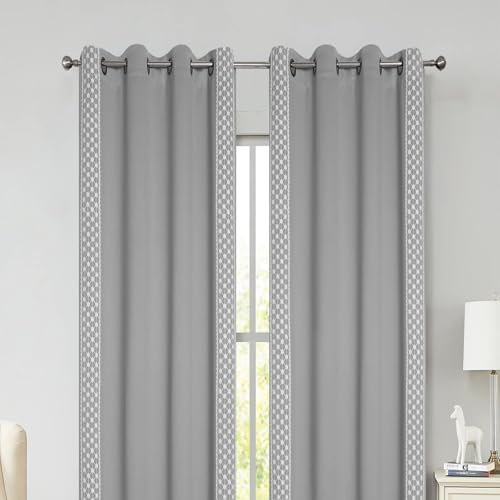 Dunkelgrüne Verdunkelungsvorhänge, Boutique-Vorhänge Mit Geometrisch Bestickter Spitze Für Wohnzimmer – 2 Paneele, Raumverdunkelnde Schlafzimmer-Thermovorhänge, 149,9 X 248,9 Cm ,52×72 inches,grey