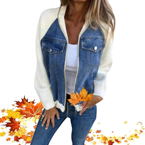 LTHTX Giacca moderna con tessuto di jeans, giacca di jeans autunnale casual patchwork da donna nel Regno Unito, capispalla di transizione con colletto rovesciato alla moda (blu, XXL)