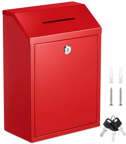 Yaocom Metal Money Donation Cash Box Collection Safe Suggestion Box with Lock Wall Mounted Mailbox Delivery Ballot Container for Home Office Outdoor Farmstand(Red,11.81 x 8.58 x 4.72 Inch)