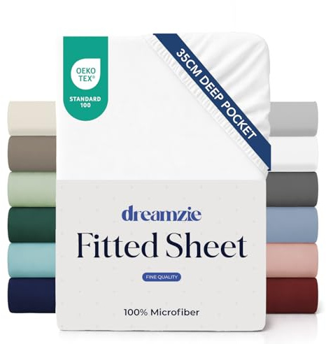 Dreamzie - Sábana Bajera 160x200cm Ajustable - Microfibra Ultra Suave | Blanco Roto · Para Colchones de hasta 35cm · Certificado OEKO-TEX · Ropa de Cama · Transpirable · Fácil de Lavar · Elásticas