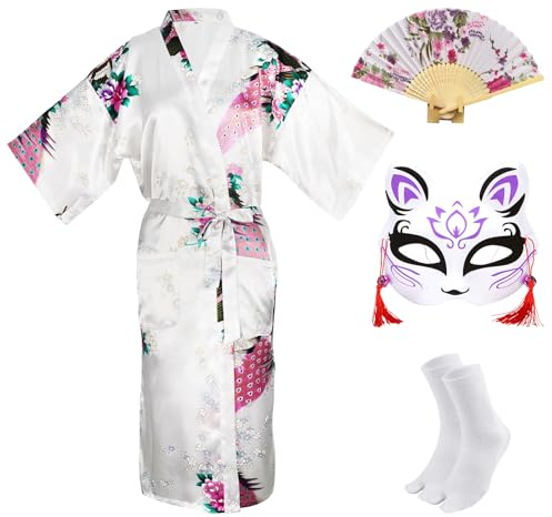 CRFASIBE Robe Kimono Japonaise pour Femmes, Japonais Traditionnel Yukata Femme, Paon Peignoir, Masque Kimono Eventail à Main Ensemble de Chaussettes(Blanc,3XL)