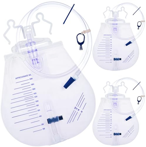 Katheterbeutel für Männer und Frauen, Urin-Drainagebeutel, 2000 ml mit Anti-Reflux-Kammer, 121,9 cm Drainageschlauch mit Haken zum Aufhängen, professionelle Gesundheitshilfen (3 Stück)