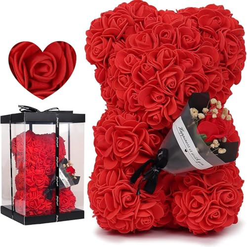 CH HIUBIE Rose Bär Rose Teddybär Blume GeschenkBox für Valentinstag Jahrestag Muttertag Weihnachten, Geburtstage Bridal Showers Vollständig handgefertigt (Rot+Geschenkbox,1)