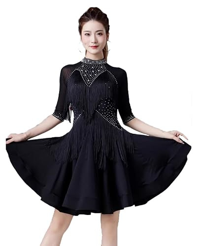 Black,XXL,Hynyjxjy medium ärm latin Danskjol för kvinnor Mesh Splice Salsa Dans outfit Tassel Ballroom Dansande tränings klänningar Tango Danskläder med Rhinestone