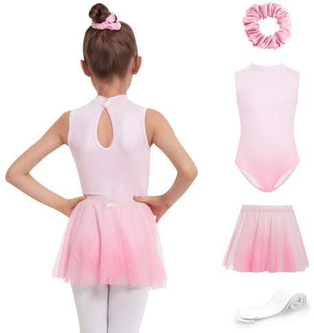 JiAmy Ballettkleider für Kinder Ärmellose Ballettkleidung Mädchen Tanzbekleidung Balletttrikot mit Rock Tütü Ballett Strumpfhose 130, Rosa