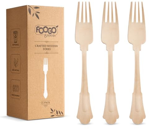 FOOGO Green 100pcs Elegant Disposable Wooden Forks, FSC® Certified, 100x Forks, 20cm, Biodegradable Eco Friendly Cutlery Set, Ideal for Weddings, Bamboo, Alternative to Plastic