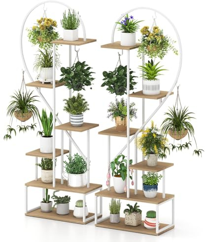 TANGZON 6 Tier Plant Stand, 2-Pack Heart Shape Ladder Plant Shelf with Hooks & Anti-tipping Kit, Metal Frame Tall Flower Pot Display Rack for Home Living Room Garden Balcony (Natural+White)