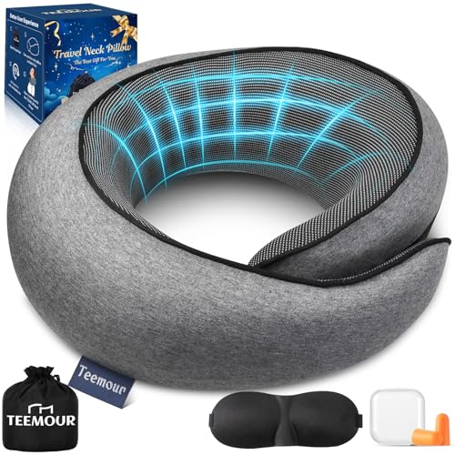Memory Foam Travel Pillow, Support Neck Pillow for Travel,Includes Storage Bag, Eye Mask, Ear Plugs,Removable Cover, Adjustable Travel Pillow for Airplane,Train,Car & Business Trips(Large, Dark Grey)