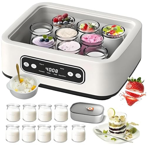 Yogurt Maker con barattoli di vetro e pentola interna in acciaio inox, macchina digitale automatica con 4 modalità per yogurt fatto in casa, vino di riso, natto e fermentazione