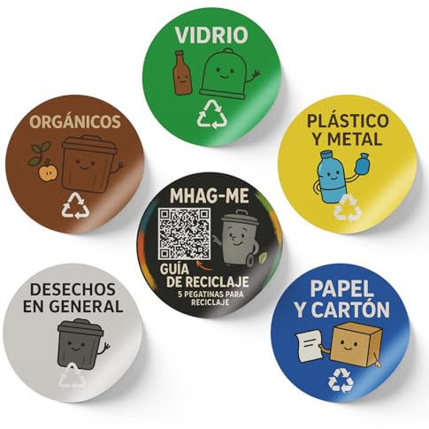 Pack 6 Pegatinas Reciclaje en Español – Etiquetas Adhesivas Ø11cm para Cubos de Basura | Vinilo Resistente | Incluye Guía QR | Vidrio, Papel, Plástico, Orgánico y Desechos en General