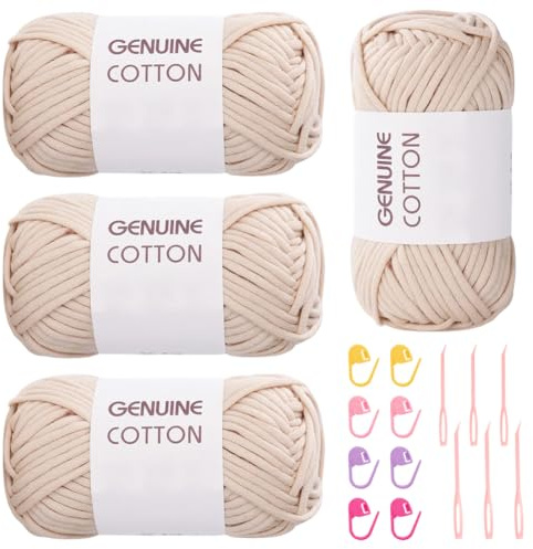 DASIAUTOEM Dickes Garn Baumwolle zum Häkeln, 4 Stück Chunky Garn Yarn mit Häkelzubehör für Anfänger, Kein Geteiltes Wolle zum Stricken, Baumwoll-Nylon-Garns für Kleidung, Decken, Taschen, Pullover